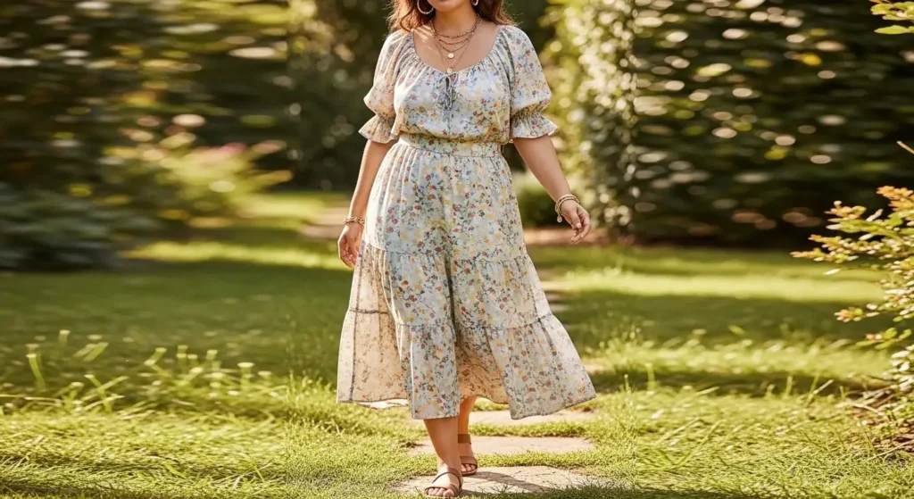Peasant Top + Tiered Midi Skirt Curvy Summer Outfits for women