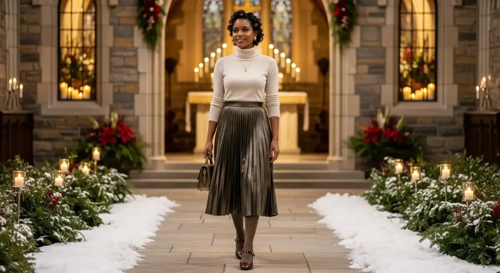 Pleated Skirts + Cashmere Turtlenecks Winter Church Outfits