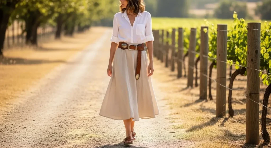 Linen Skirt + Western Belt + Button-Up Summer Cowgirl Outfits