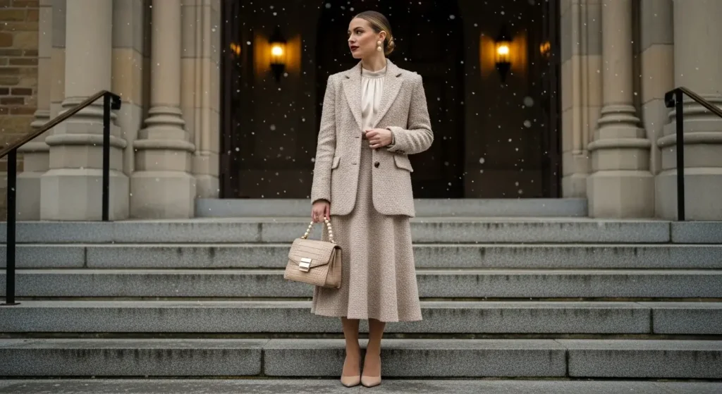 Blazer Sets in Textured Neutrals Winter Church Outfits