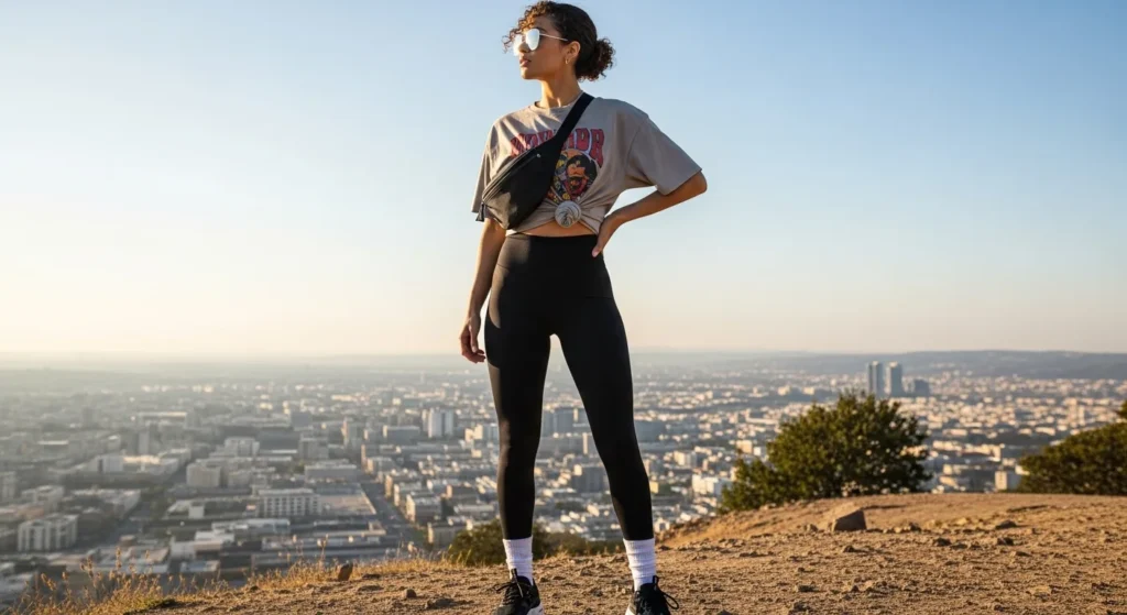 High-Waist Leggings + Graphic Tee Hiking Outfits for Summer