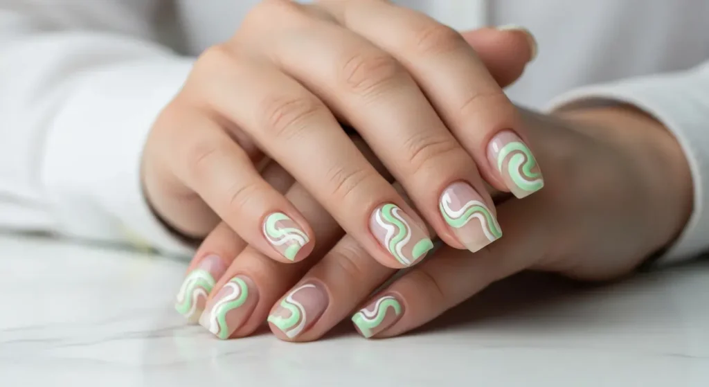Spearmint Swirl Art Fresh Green Nails for Summer