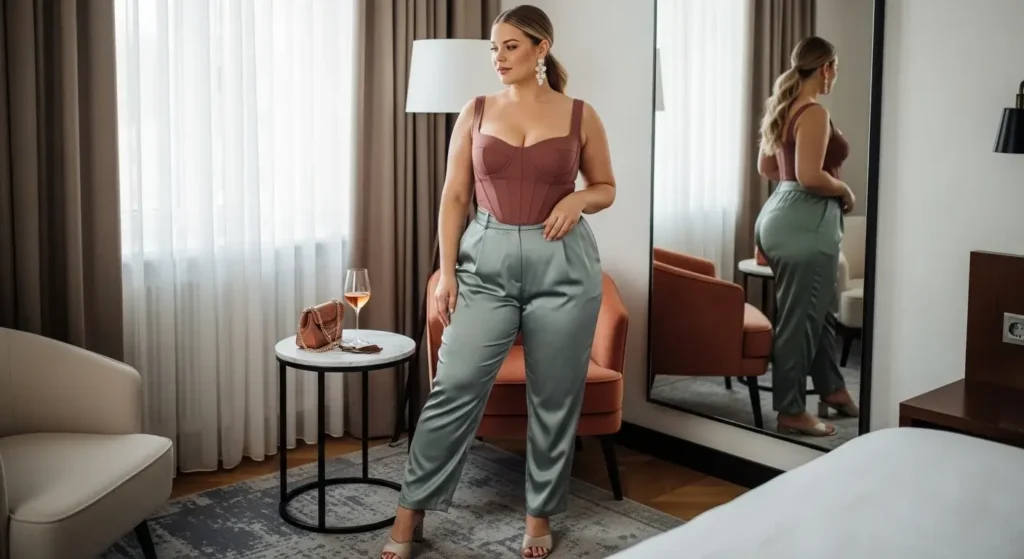 Corset-Style Top + Satin Pants Plus Size European Summer Outfits
