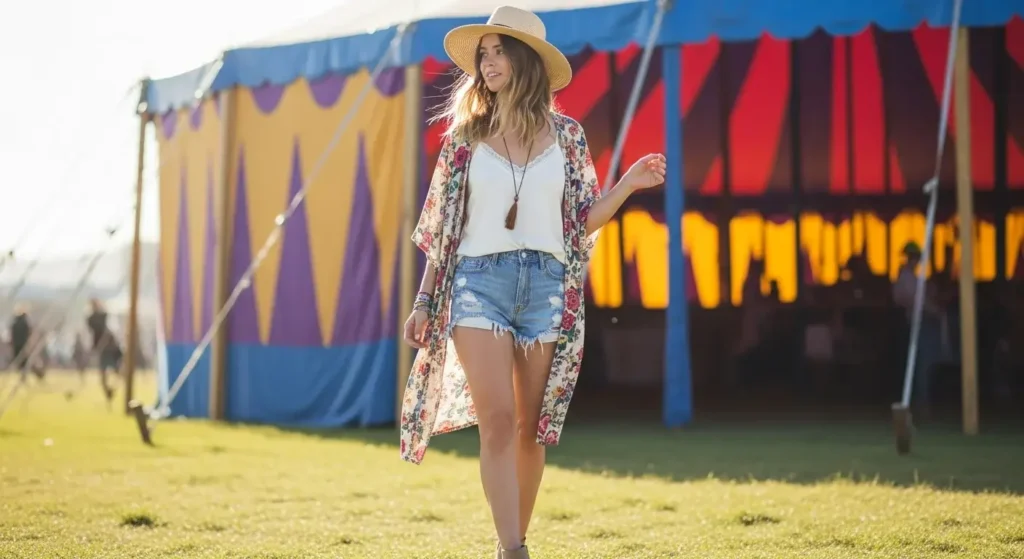 Kimono + Shorts + Cami summer concert outfits for women.