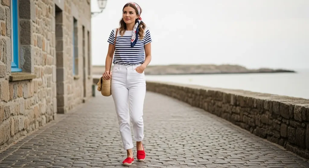 Breton Stripes + White Denim Preppy Summer Outfits