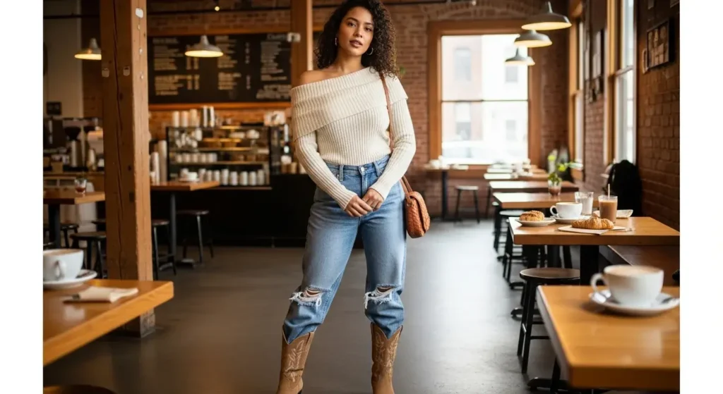 Off-Shoulder Knit + Ripped Baggy Jeans + Cowboy Boots Trendy Baggy Jeans Outfits for Women