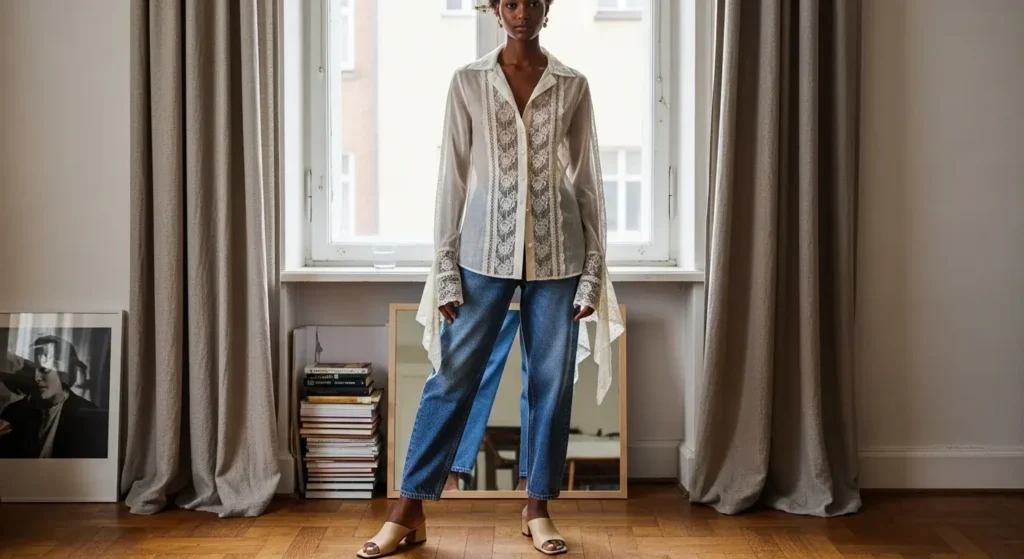 Sheer Blouse + High-Waisted Baggy Jeans + Mules Trendy Baggy Jeans Outfits for Women