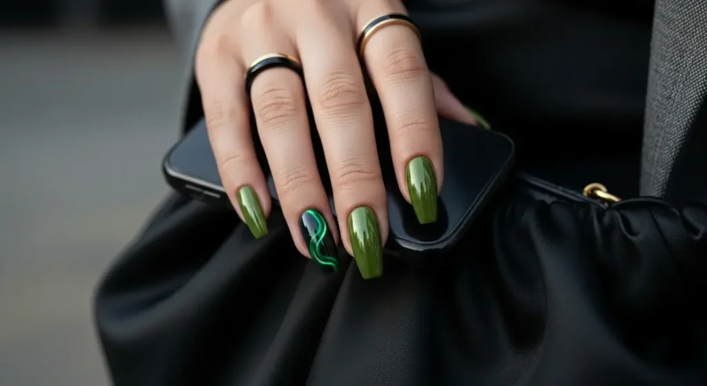 Olive Green Chrome Fresh Green Nails for Summer