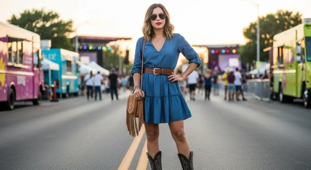 Tiered Mini Dress + Cowboy Boots Latina Fashion Outfits for Summer