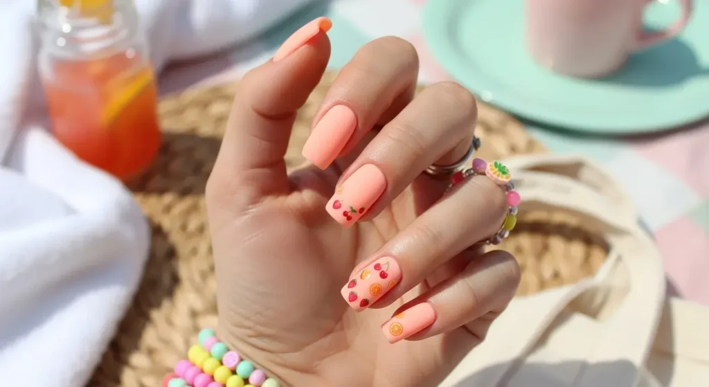 Matte Peach Square Nails with Tiny Fruit Stickers Cute Summer Nail Inspo for 2025: Almond, Square & Short Styles