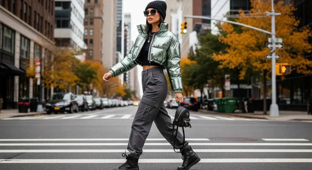 Cropped Puffer Jacket + Cargo Pants + Beanie Must-Have Fall Outfits Ideas