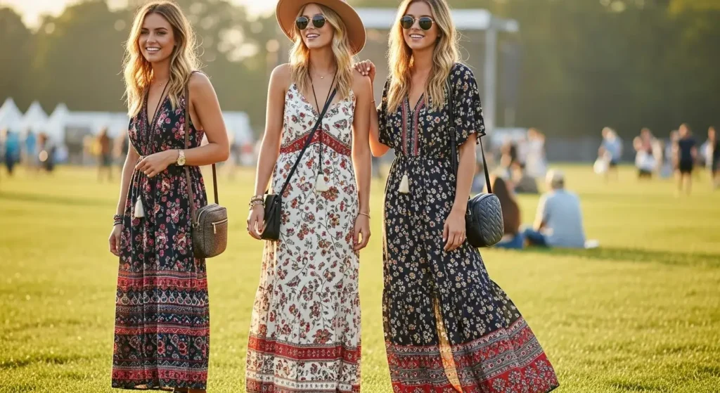 Boho Maxi Dress summer concert outfits for women.