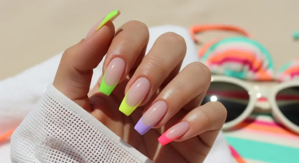 French Fade with Neon Tips Coffin Nails That Slay Summer 2025