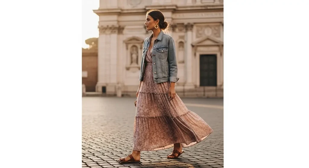 Tiered Maxi Dress + Soft Denim Jacket Italy Summer Outfit Ideas