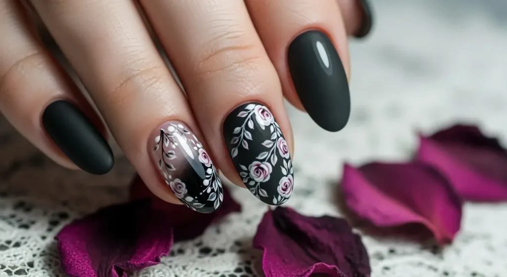 Floral & Botanical on Black Black Summer Nails That Pop