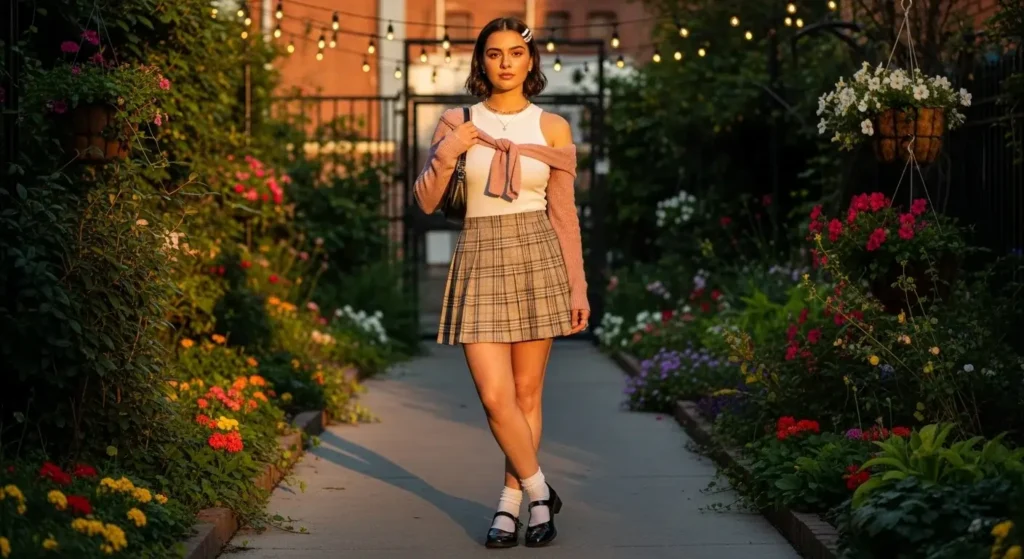 Plaid Mini Skirt + Ribbed Tank + Cardigan Preppy Summer Outfits