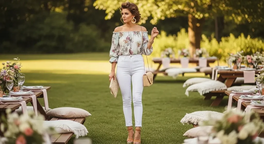 White Jeans + Off-Shoulder Top Jeans Summer Outfits for women
