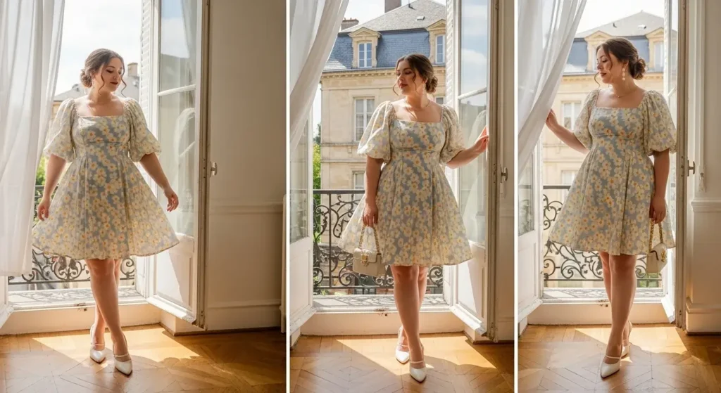 Balloon Sleeve Mini Dress + Kitten Heels European Chic Summer Outfits Ideas