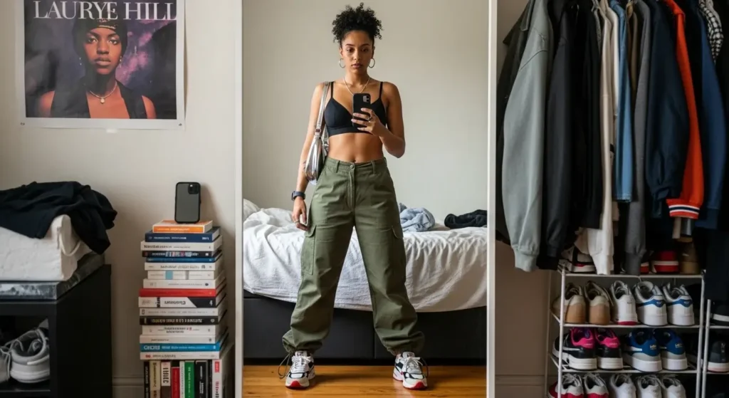 Cropped Bomber Jacket + Cuffed Baggy Jeans + Statement Sneakers Trendy Baggy Jeans Outfits for Women