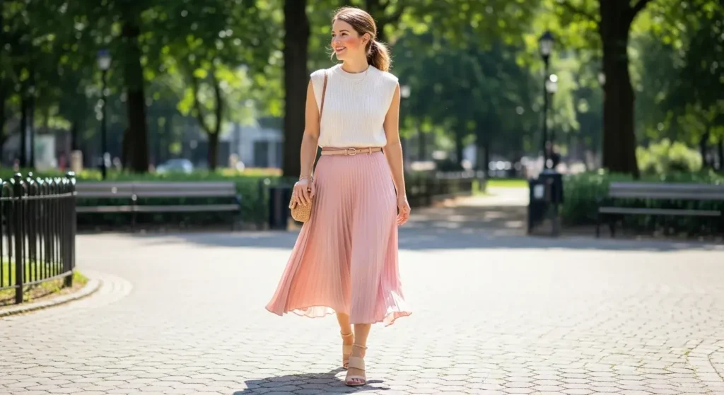 Sleeveless Sweater + Pleated Skirt Summer Business Casual Outfits
