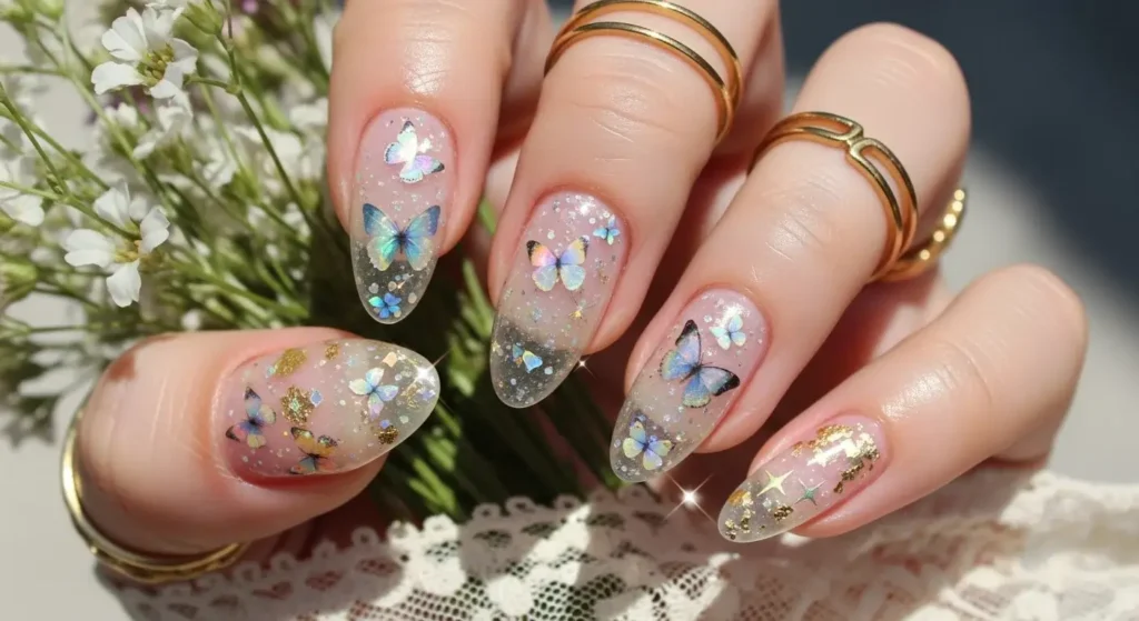 Floating Butterfly Charms Almond Nail Inspo for a Cute Summer