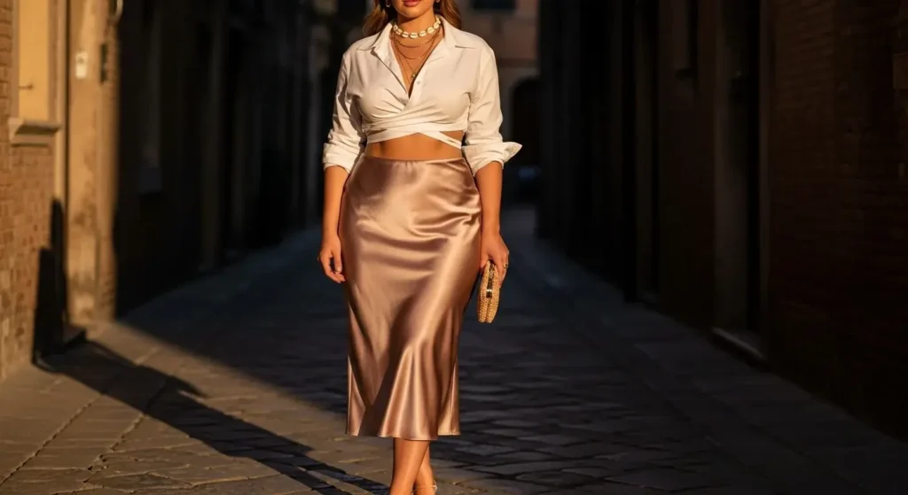 Crop Shirt + Bias Cut Midi Skirt European Chic Summer Outfits Ideas
