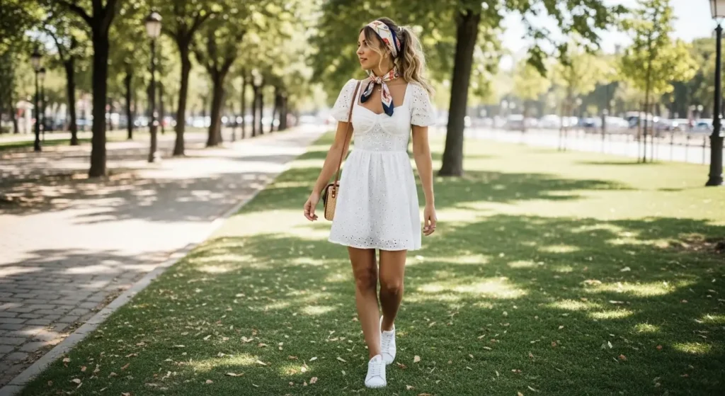Eyelet Mini Dress + Sneakers Cute and Comfy European Summer Outfits Ideas