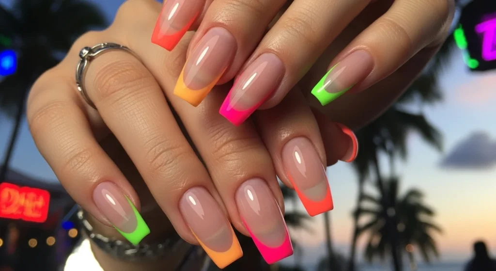 Neon Frame French French Tip Nails with a Summer