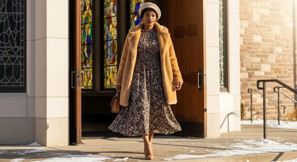 Long-Sleeve Midi Dresses + Statement Coats Winter Church Outfits