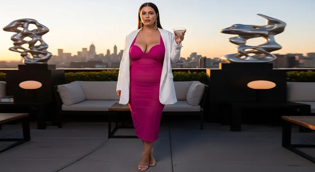 Sculpted Mesh Midi Dress + Structured Blazer Thick Girlfriend Summer Outfits