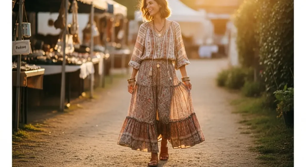 Boho Blouse + Tiered Skirt Long Skirt Outfits for Summer women.
