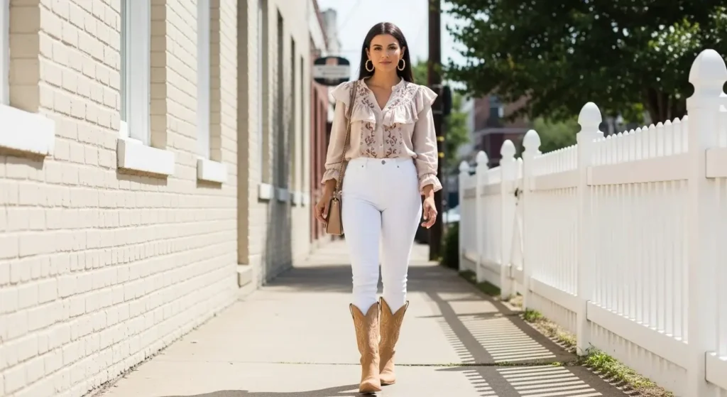 White Jeans + Western Blouse Summer Cowgirl Outfits