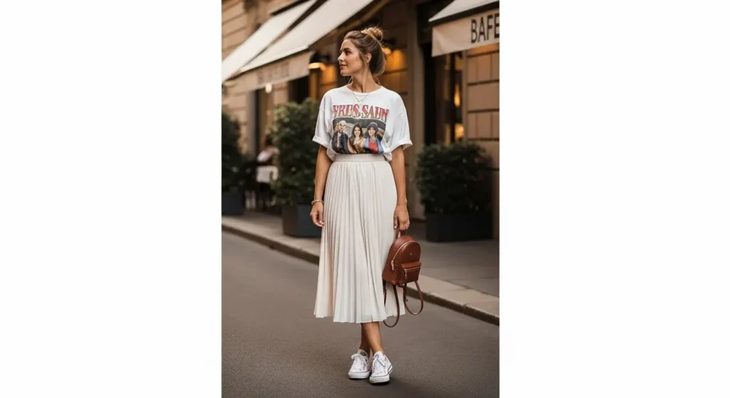 Graphic Tee + Pleated Midi Skirt Italy Summer Outfit Ideas