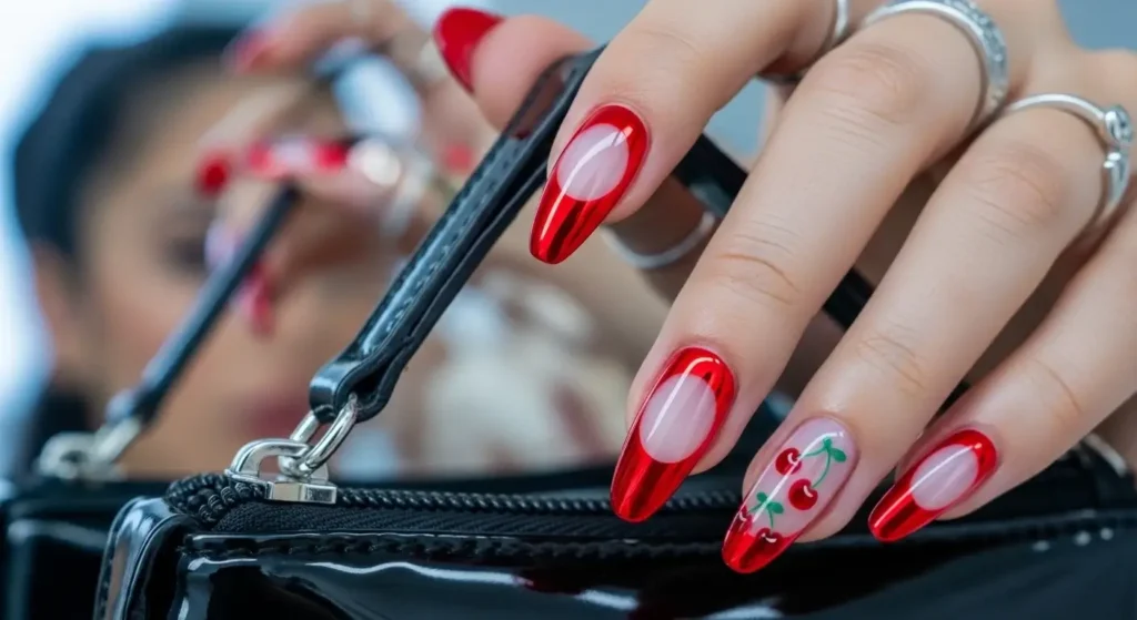 Chrome Red Half-Moon Cherries Cherry Nail Inspo That Pops in 2025