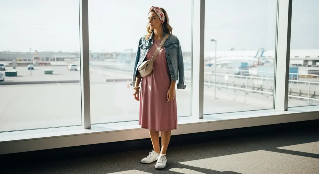 T-shirt Dress + Denim Jacket Airport Summer Outfits