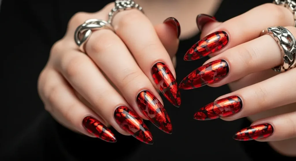 Red Foil Shatter Bold Red Nails for Summer