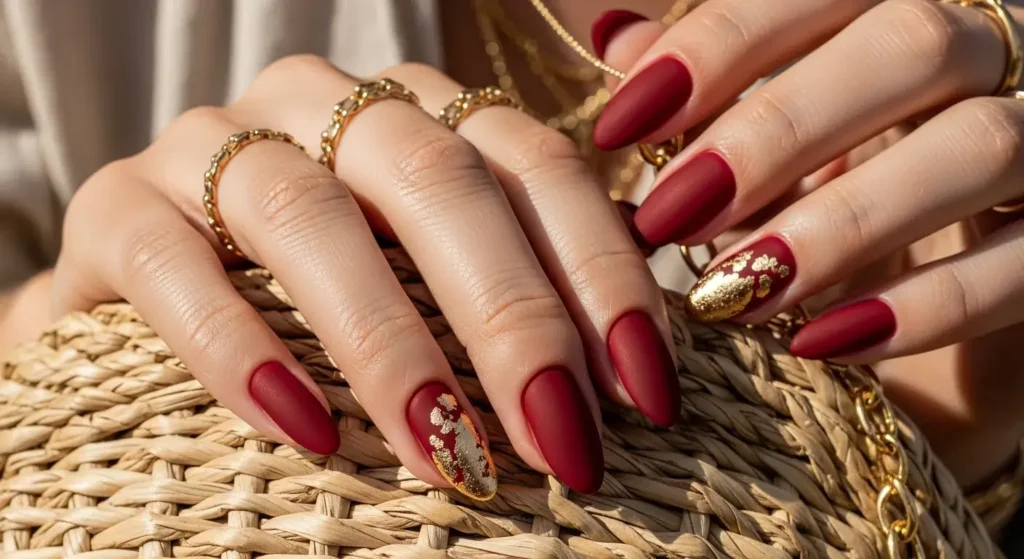 Matte Crimson with Gold Foil Red Summer Nails
