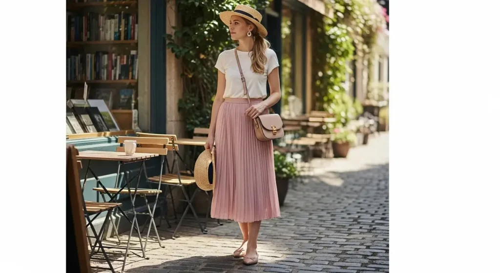 Pleated Midi Skirt + Fitted Tee Classy Summer Outfits
