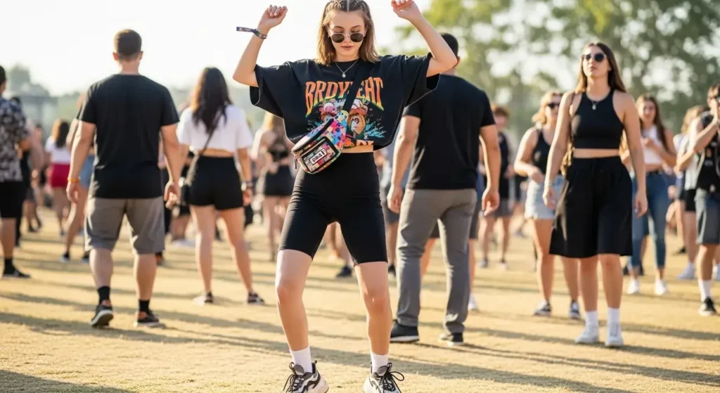 Oversized Graphic Tee + Biker Shorts summer concert outfits for women.