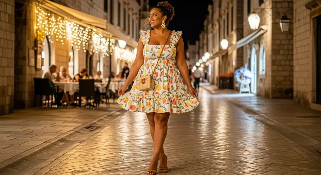 Ruffled Mini Dress + Block Heels Plus Size European Summer Outfits