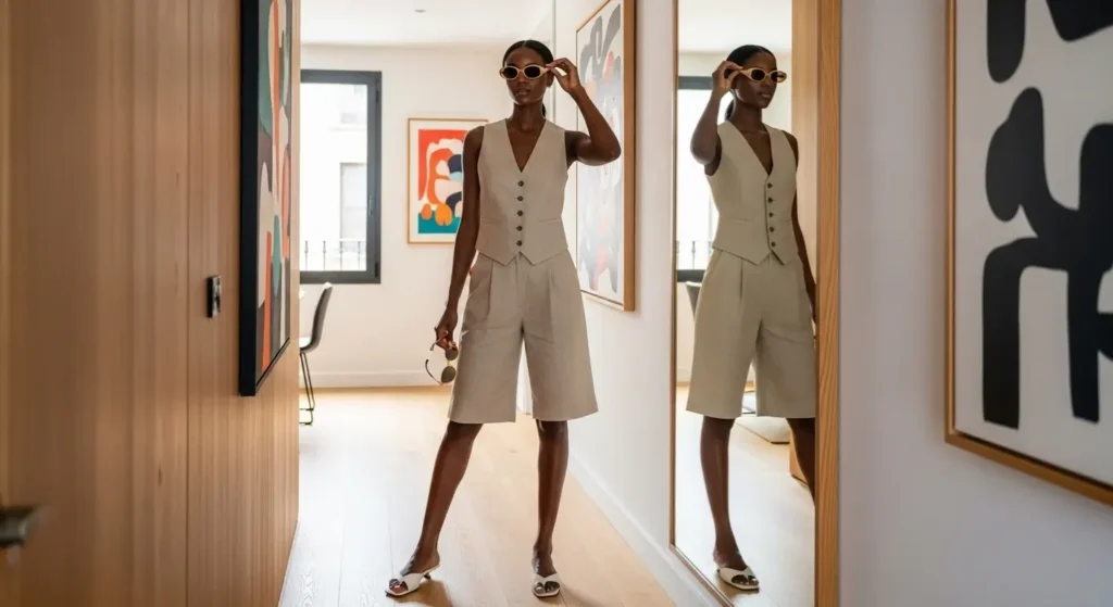 Linen Waistcoat + Bermuda Shorts Barcelona Summer Outfits Guide