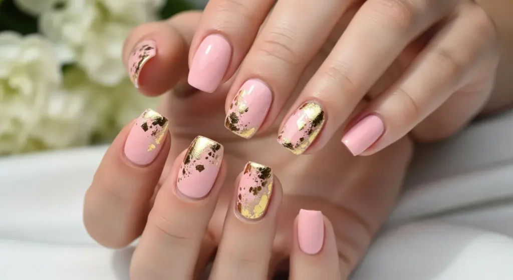 Soft Pink with Gold Foil Short Acrylic Nails for Summer 2025