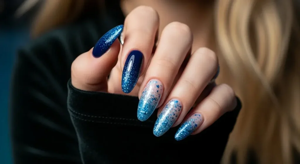 Midnight Glitter Gradient Cool Blue Nail Ideas for Summer