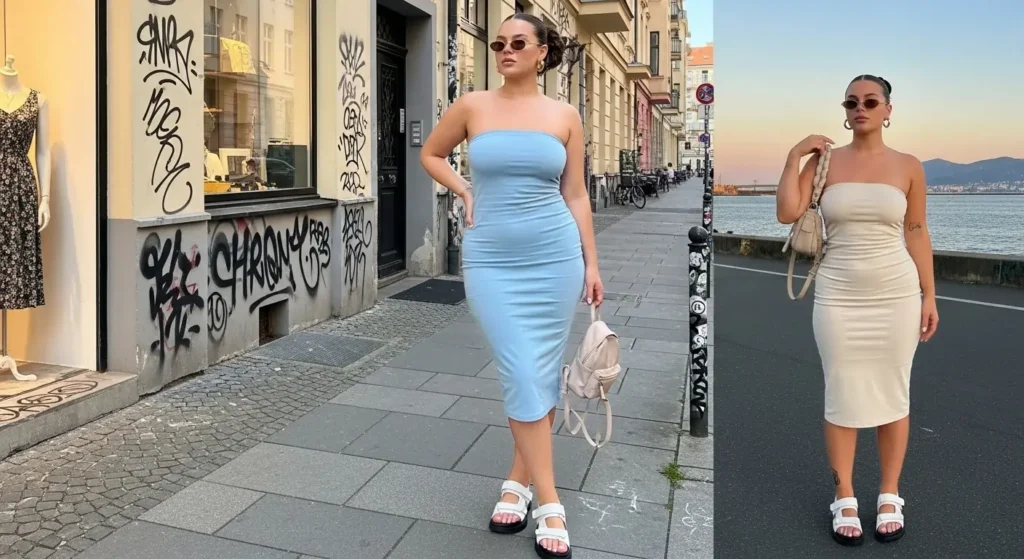 Monochrome Tube Dress + Sporty Sandals European Chic Summer Outfits Ideas