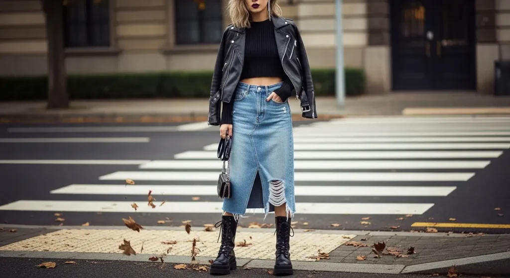 Denim + Leather Romance Aesthetic Fall Outfits Ideas
