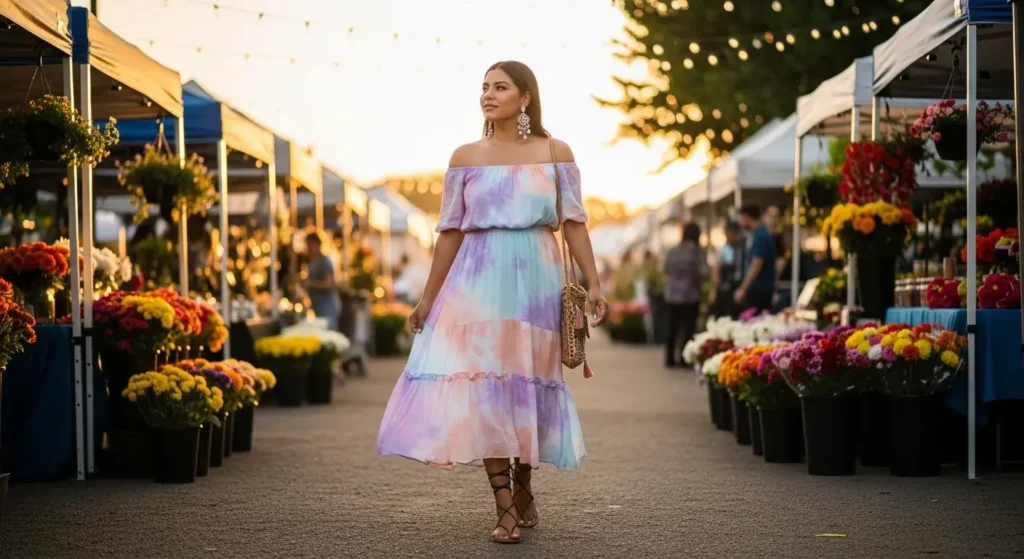 Tiered Off-Shoulder Midi + Strappy Heels Latina Fashion Outfits for Summer