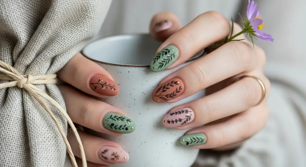 Earthy Matte Garden Nails Almond Nail Inspo for a Cute Summer