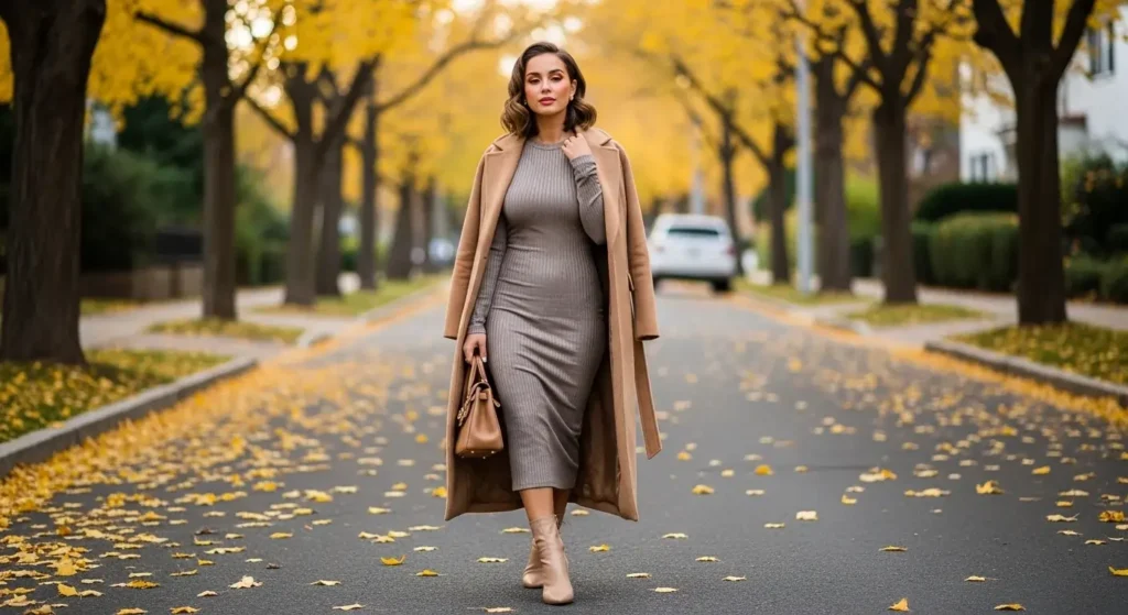 Ribbed Bodycon Dress + Longline Coat Baddie Fall Outfits Ideas