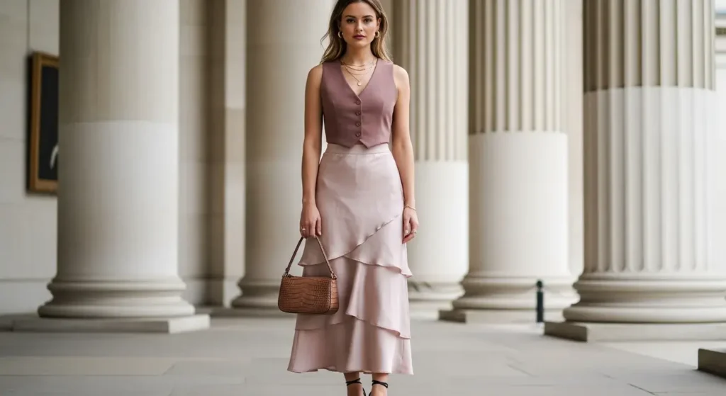 Layered Slip Skirt + Cropped Waistcoat European Chic Summer Outfits Ideas