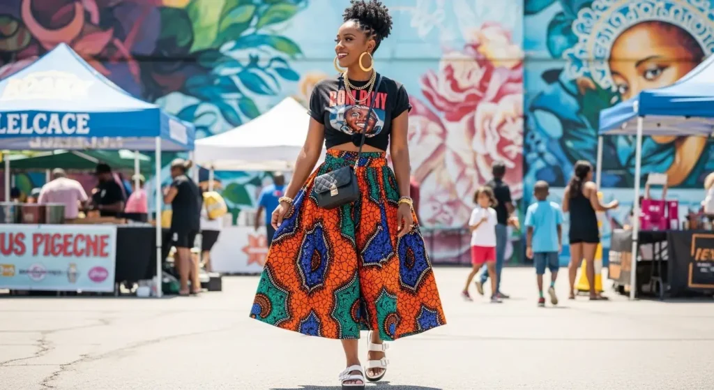 Graphic Tee + Ankara Print Skirt Summer Outfits for Black Women